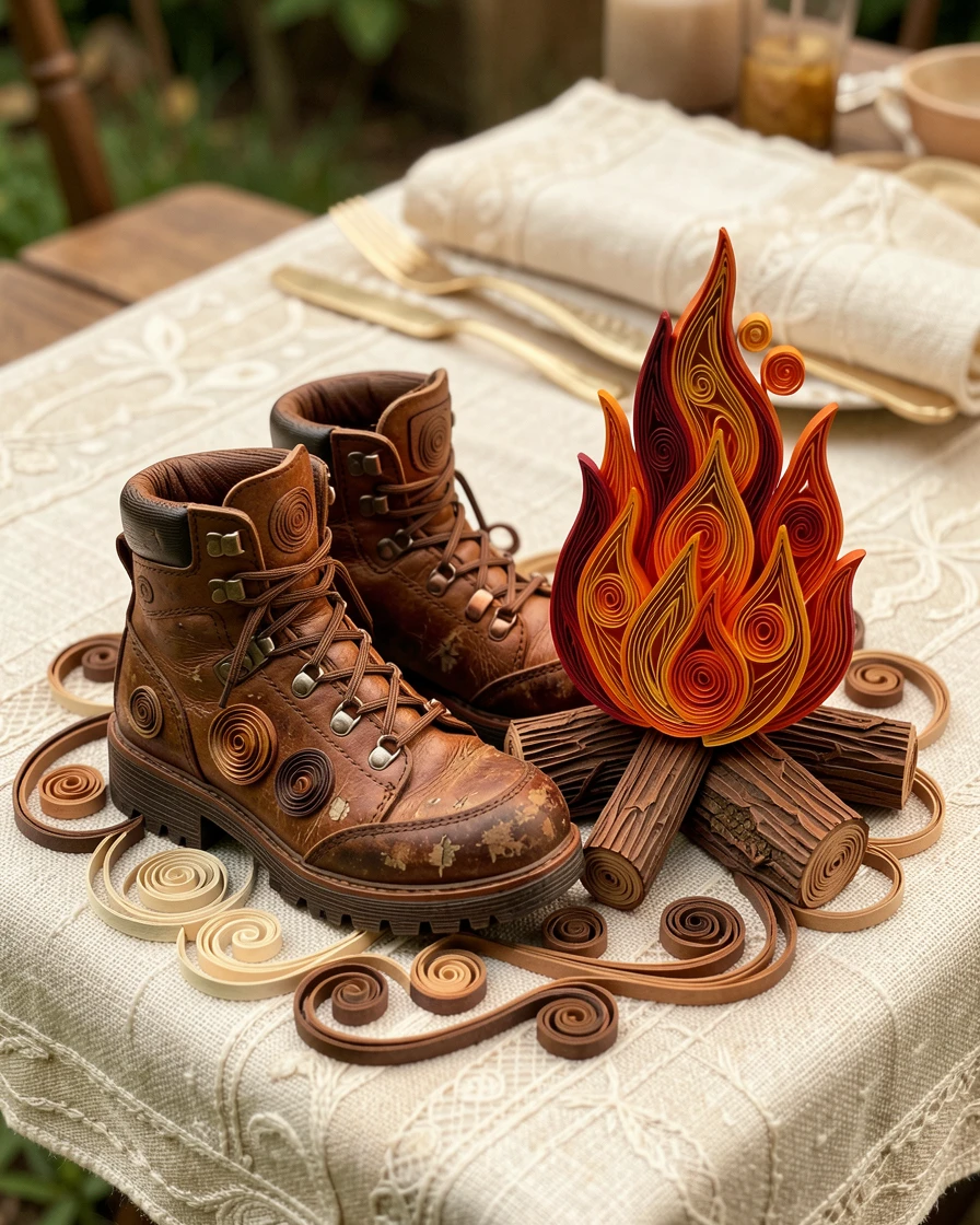 a pair of well-worn hiking boots beside a campfire, on a linen tablecloth set for a garden party, composed with warm, inviting close-up framing, in cozy autumnal tones of rust and brown.