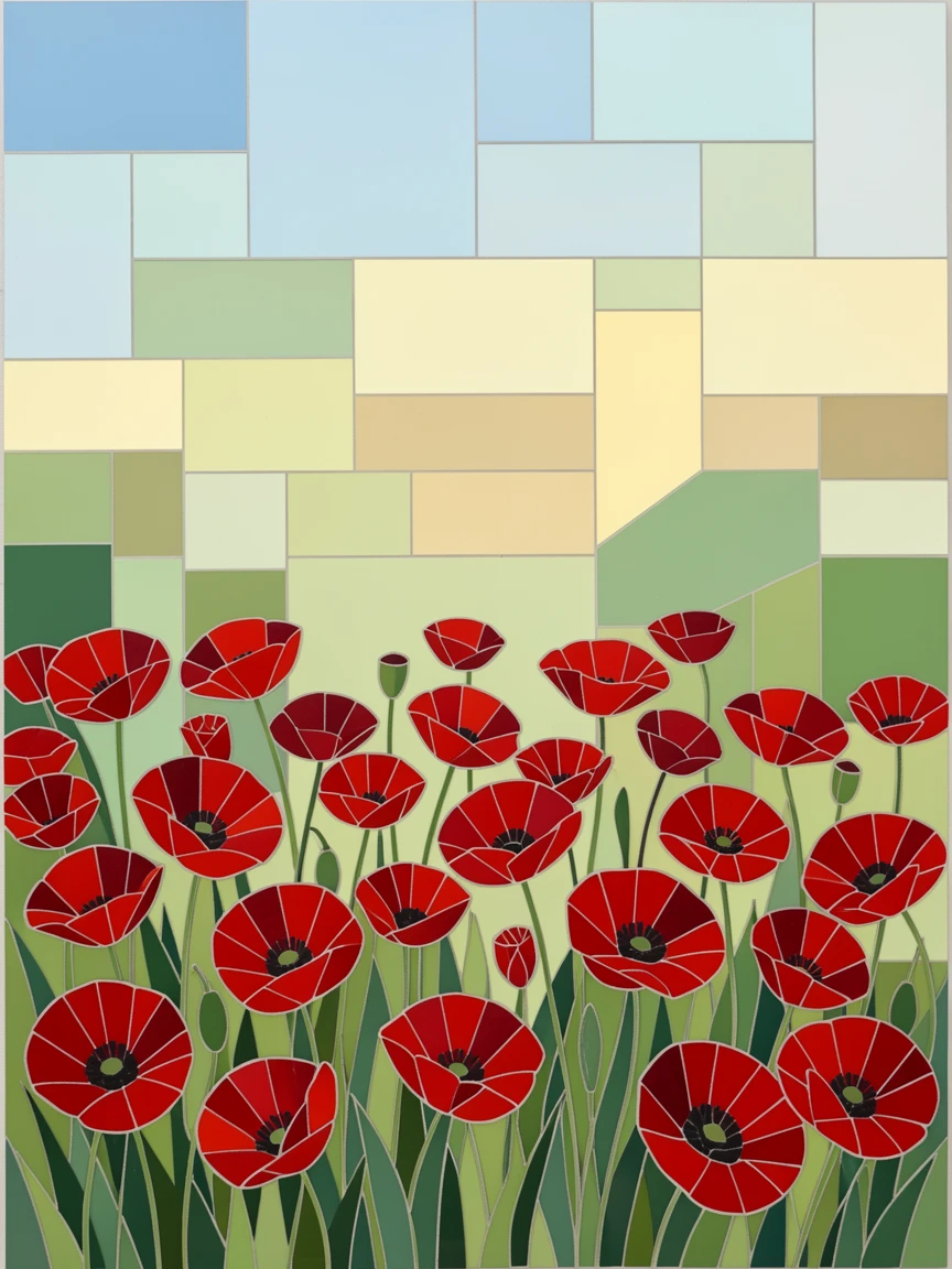 A field of red poppies swaying gently in the breeze, with soft morning light and a gentle blur of background greenery.