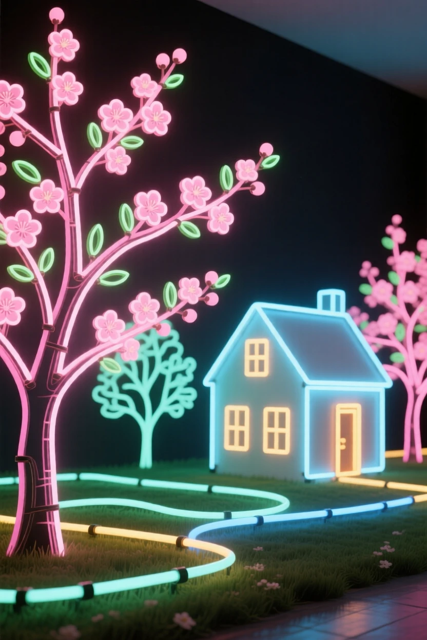 A spring orchard in full blossom beside a quiet farmhouse.