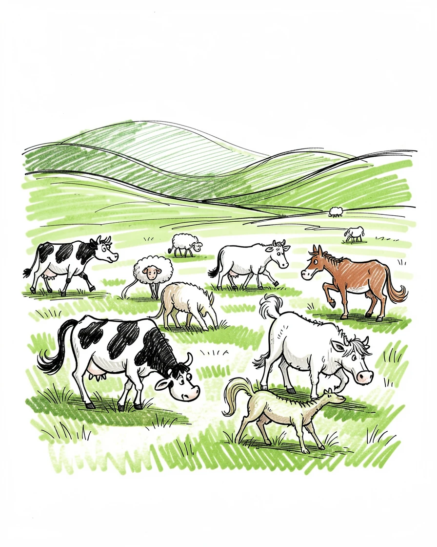 A vast grassy plain with grazing animals beside rolling green hills.