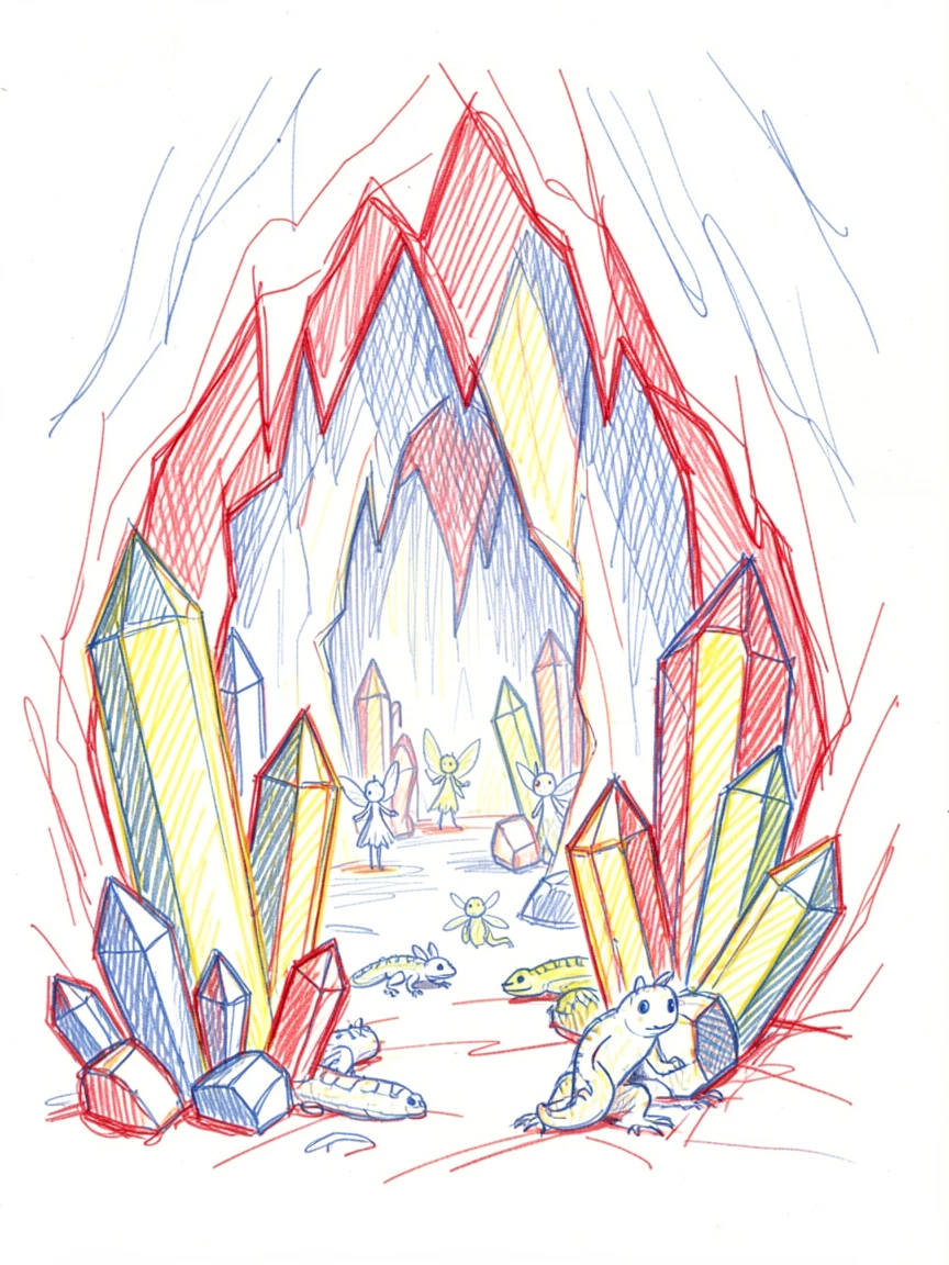A crystal cave filled with glowing gemstones and hidden magical creatures