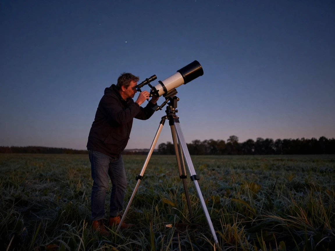 A stargazer setting up a telescope in a dark field