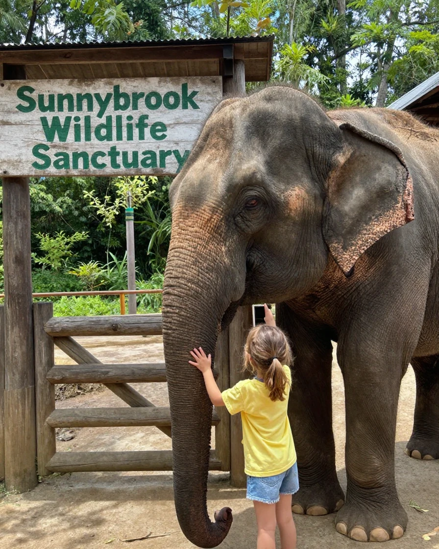 A child presses her palm against an elephant's trunk at a wildlife sanctuary gate.