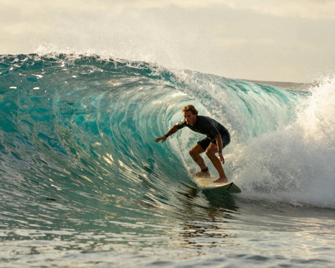 A surfer carving through the barrel of a massive turquoise wave