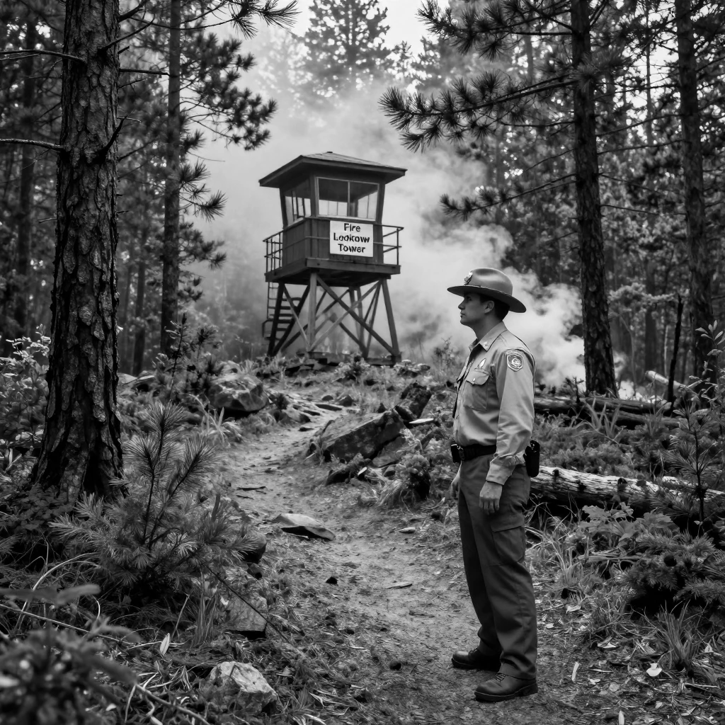 A forest ranger spots smoke rising in the distance from a remote fire lookout tower.