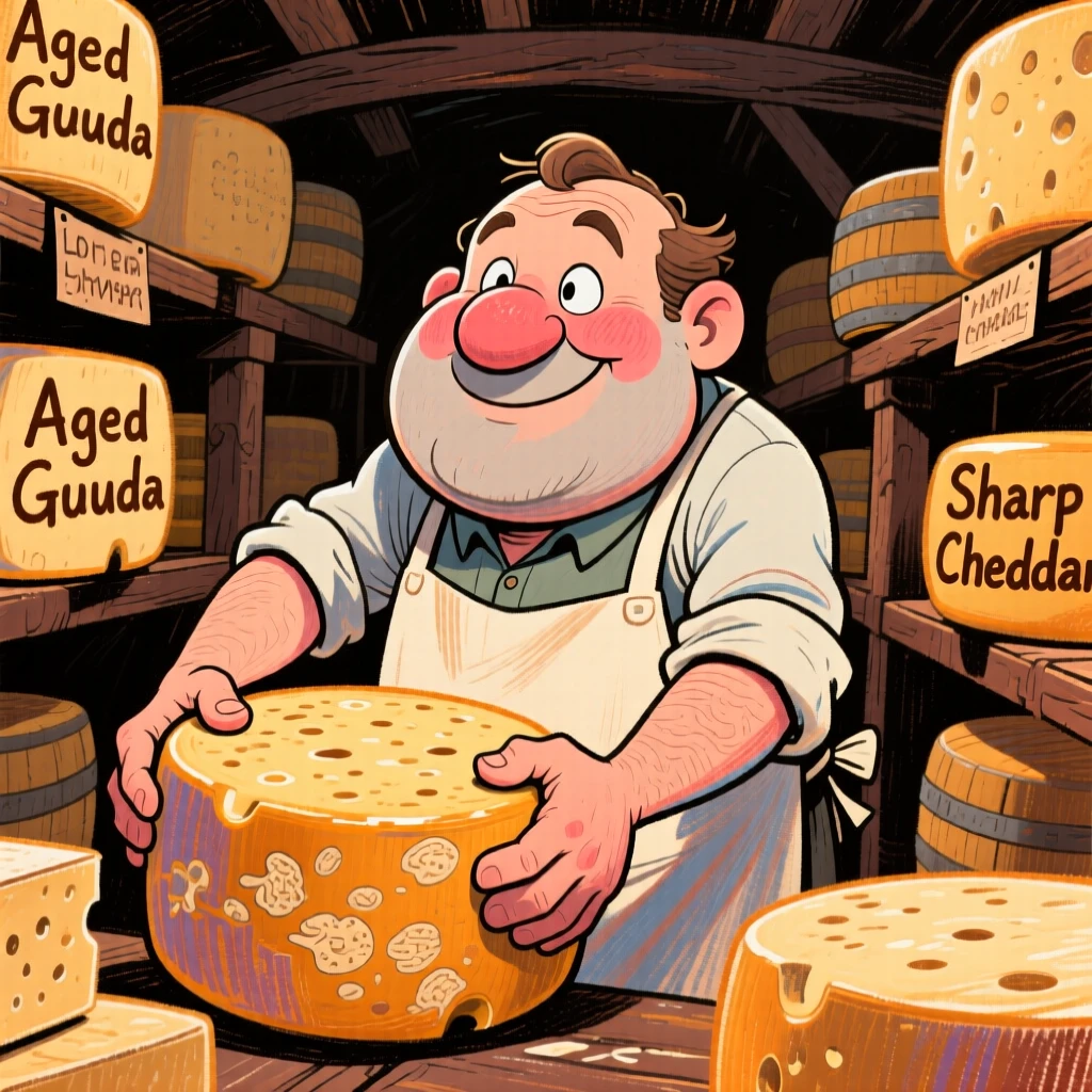 A cheese maker carefully turning wheels of aging cheese in a cellar.