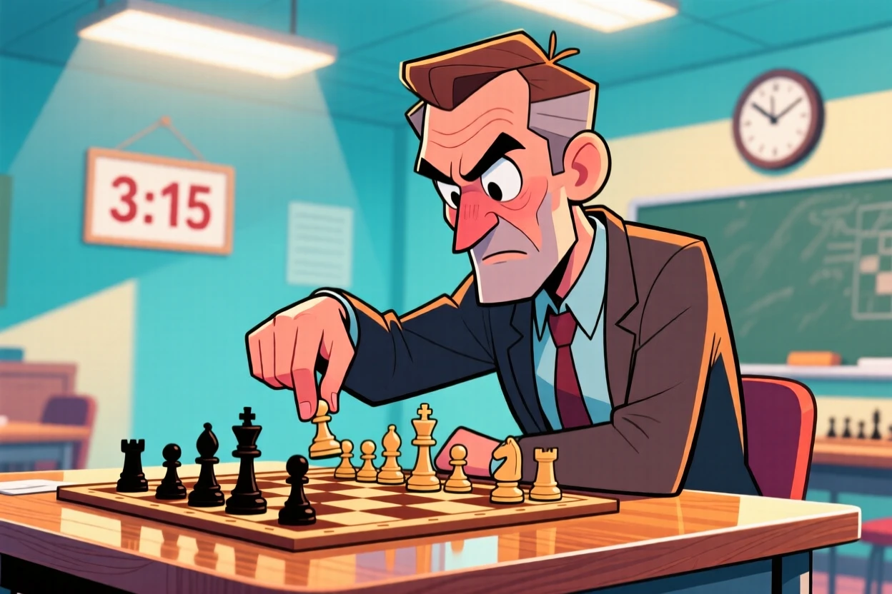 A vibrant profession-themed portrait of a focused chess coach carefully double-checking every last detail, under bright overhead lights.