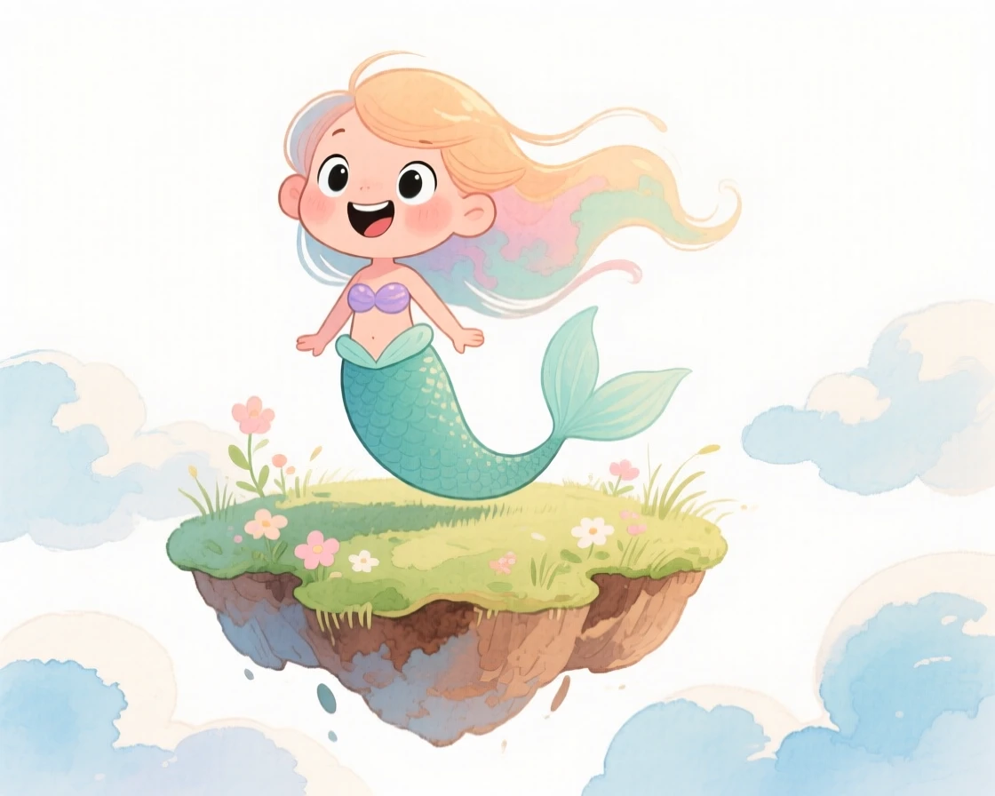 A mermaid standing atop a floating island in the clouds