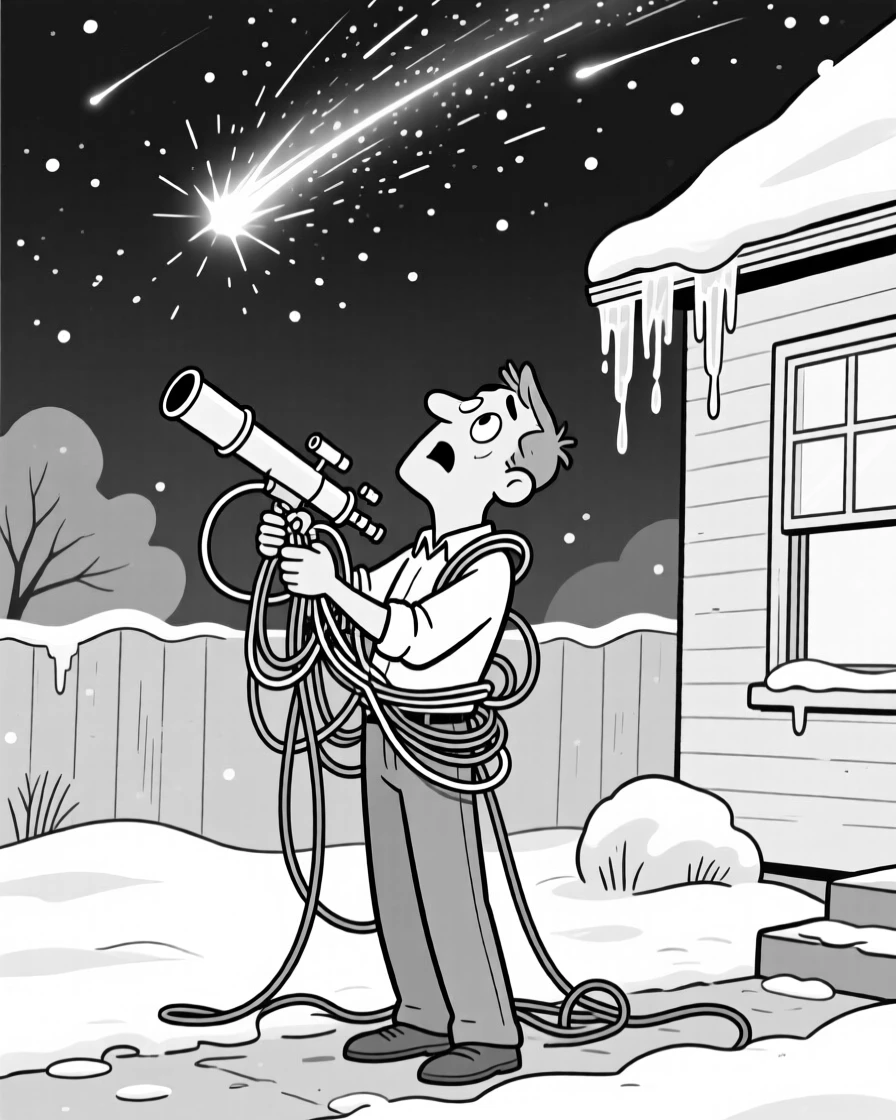 A stargazer craning his neck at a spectacular meteor shower, getting hopelessly wrapped up trying to fix the tangle, set in a snow-covered front yard. Icicles hang from the eaves nearby. It captures the quiet wonder of the changing seasons.
