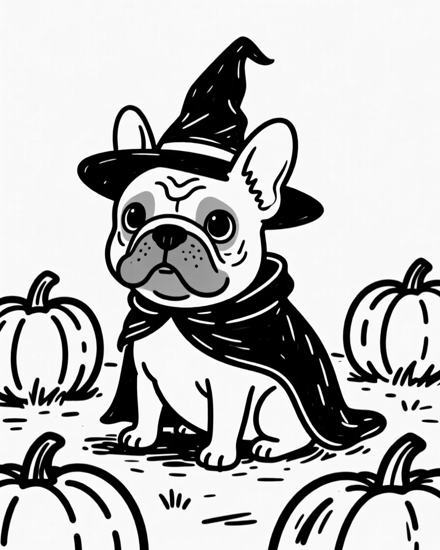 A French bulldog dressed as a tiny witch or wizard for Halloween, sitting in a pumpkin patch.