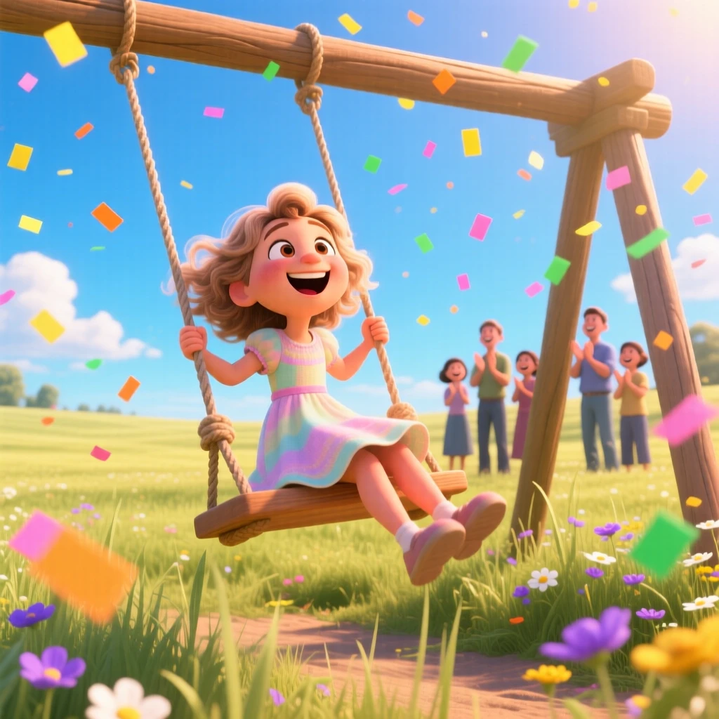 A young girl laughing on a swing unfolds in a wide open field under a bright blue sky, with confetti drifting through the air. A wave of relief and celebration washes over everyone present.