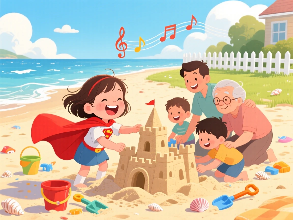 A little girl in a superhero cape laughs while building a sandcastle at the beach together with their whole family, with laughter echoing through the yard.