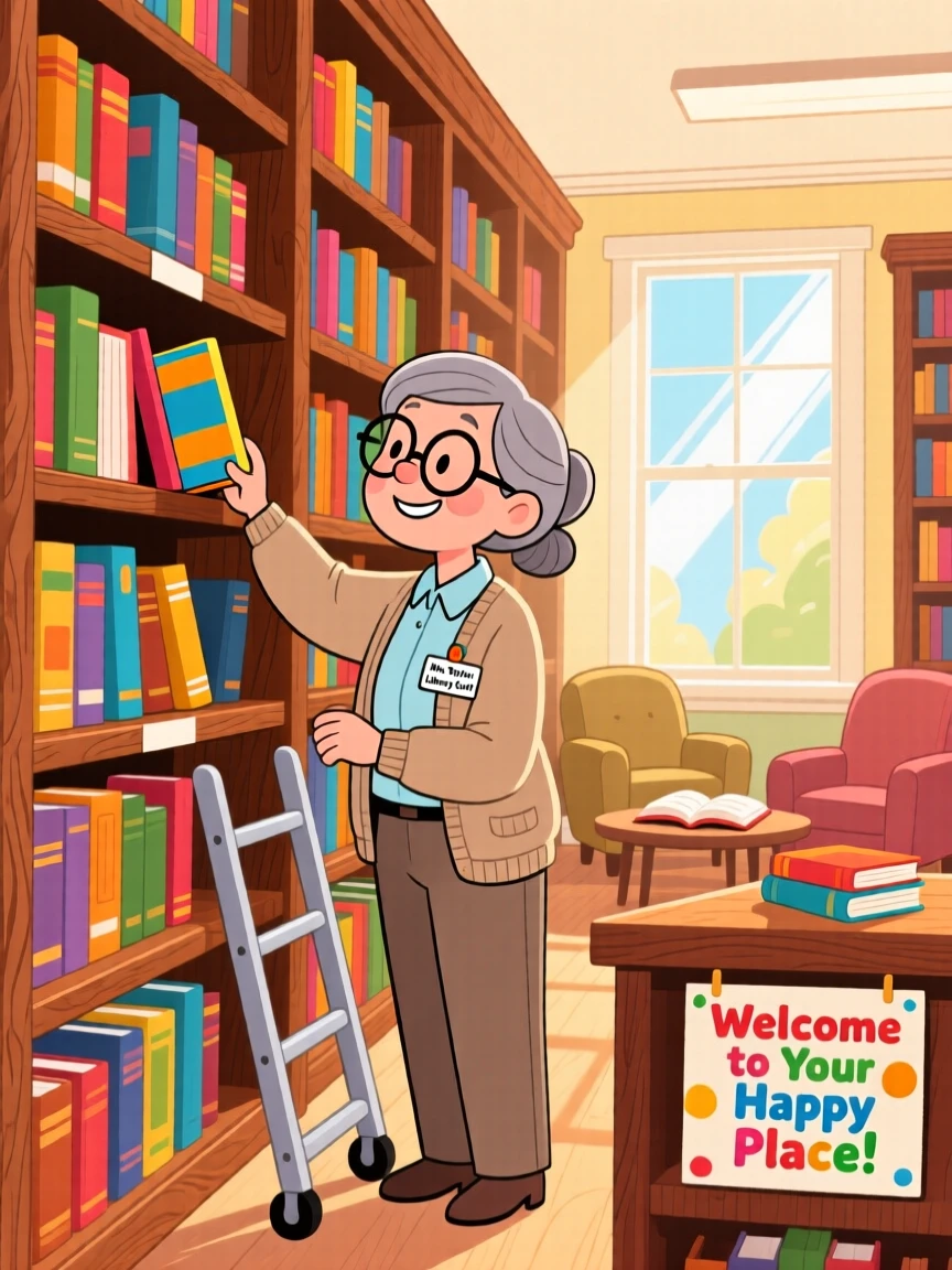 A librarian organizing books on tall wooden shelves.