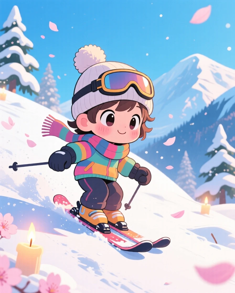 In a bright winter mountainside, a young skier is carving gently down a snowy slope as cherry blossom petals drift on the breeze, bathed in gentle candlelight, expression full of shy bashfulness. Shot as a dynamic diagonal composition.