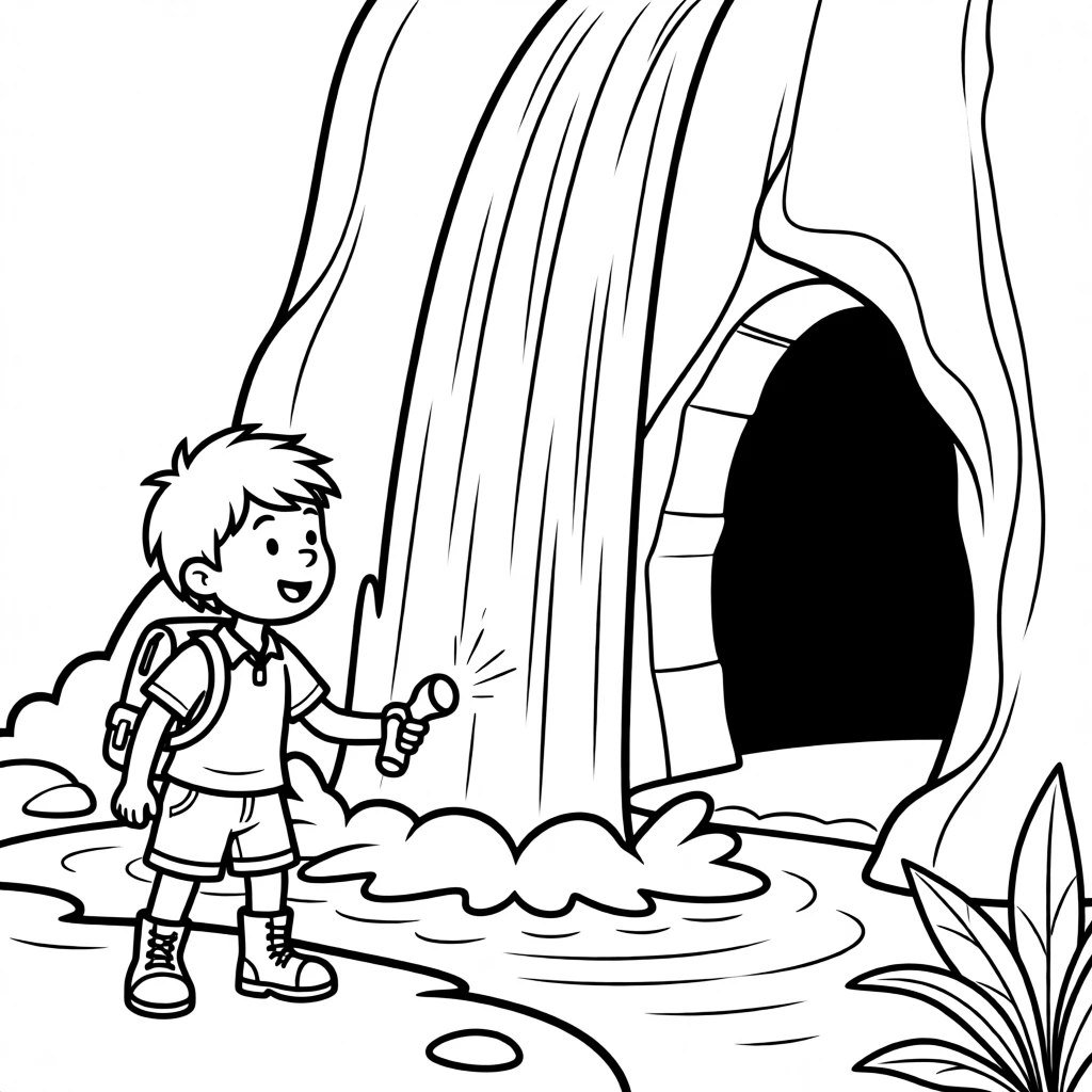 An explorer discovering a hidden cave behind a waterfall