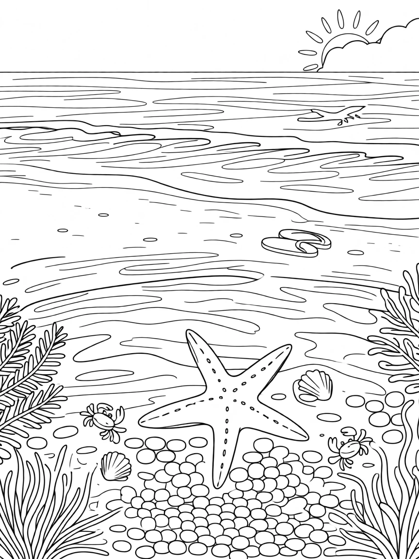 A starfish resting in a tide pool at low tide, with gentle waves rolling onto the shore.