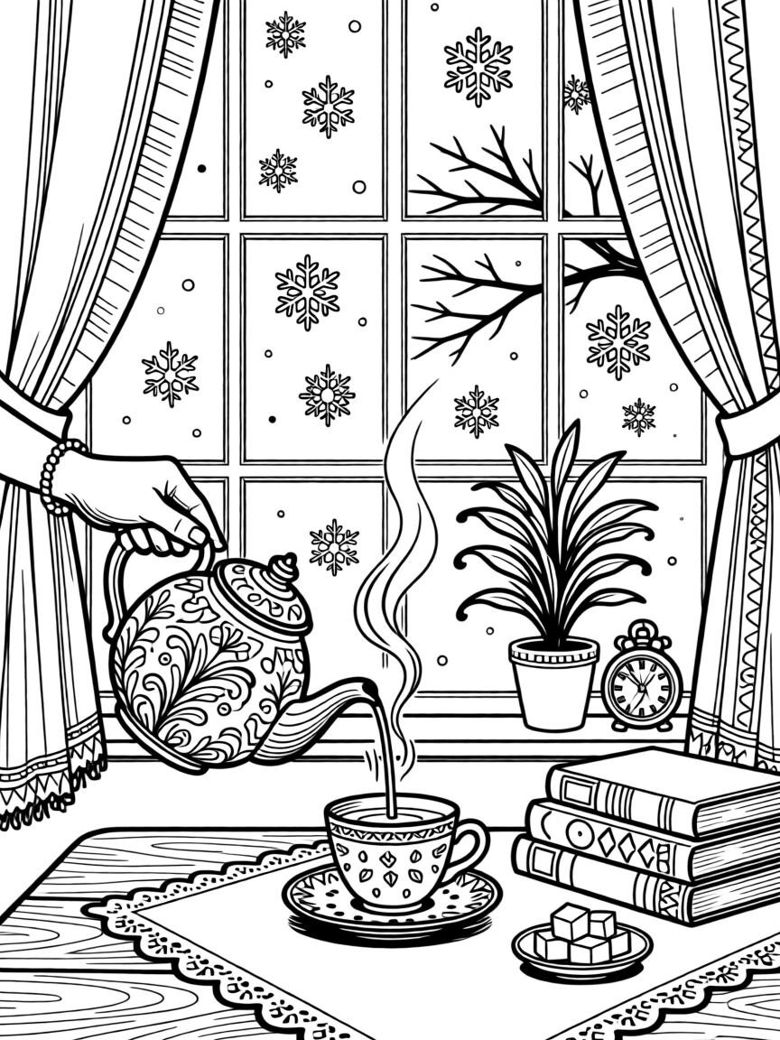A hand pouring tea into a ceramic cup beside a window of falling snow.