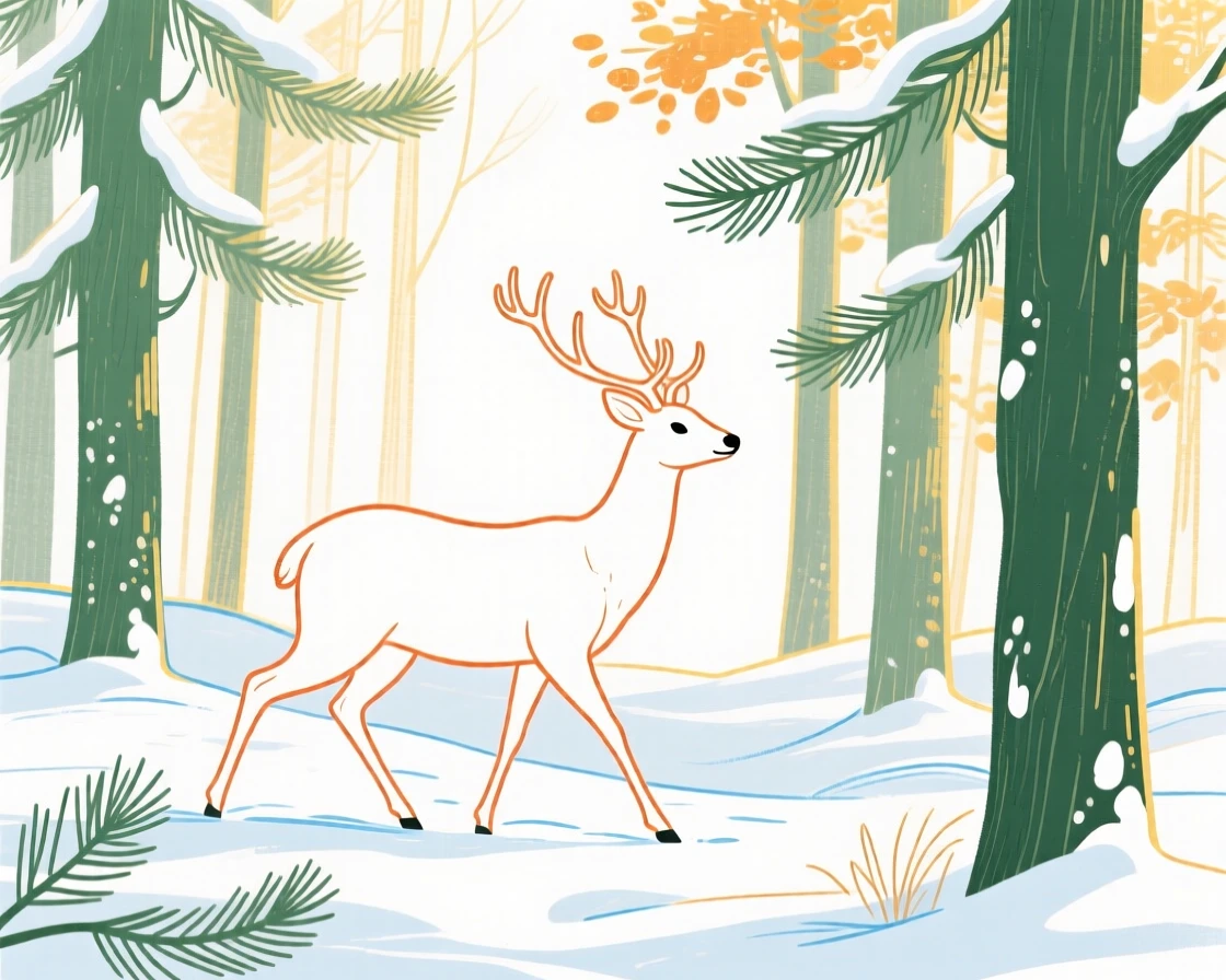 A gentle deer wandering in a snowy pine forest on a crisp autumn day.