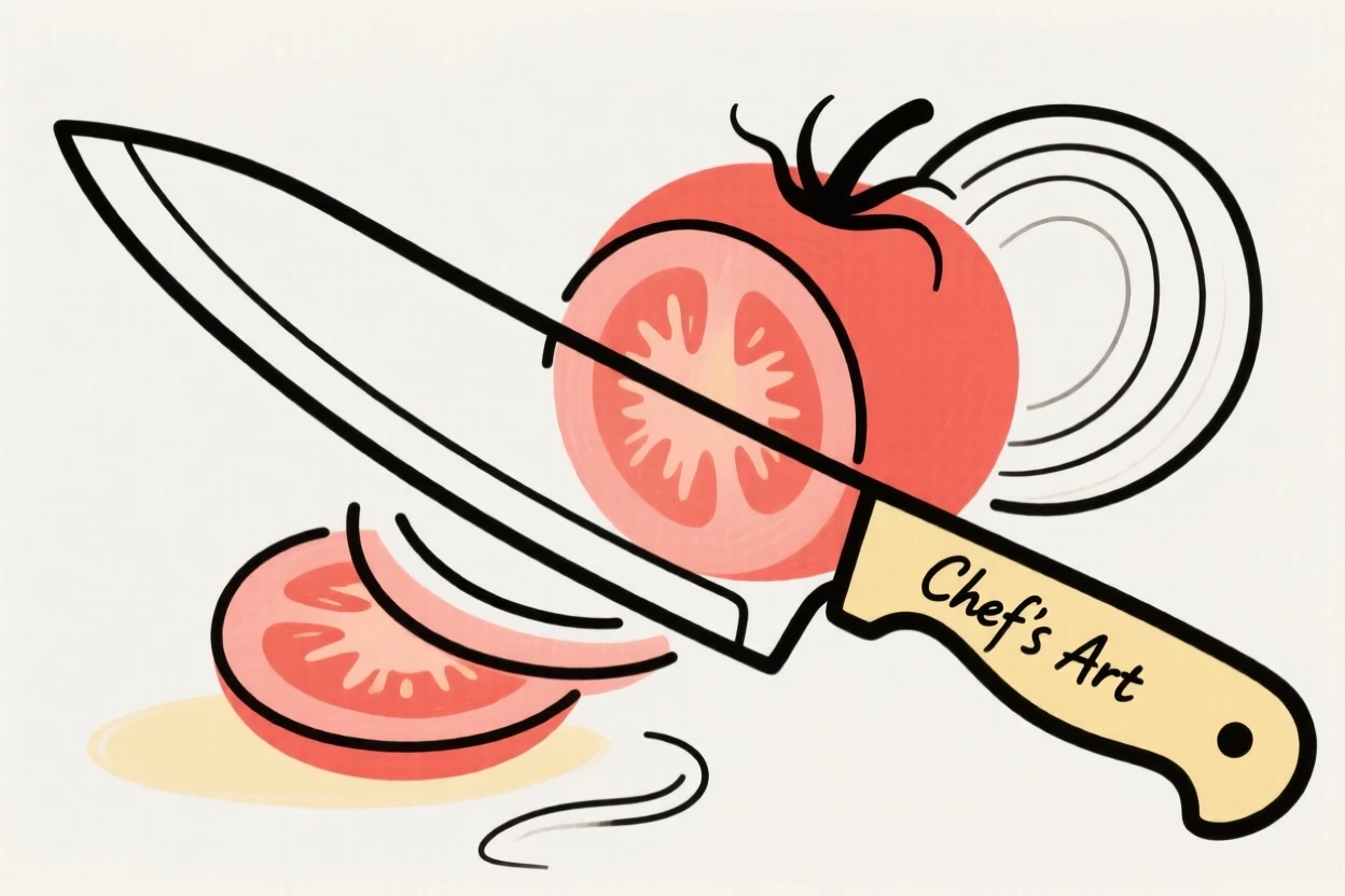 A chef's knife slicing vegetables
