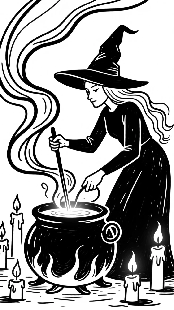 A witch brewing a glowing potion in a cauldron surrounded by candles.