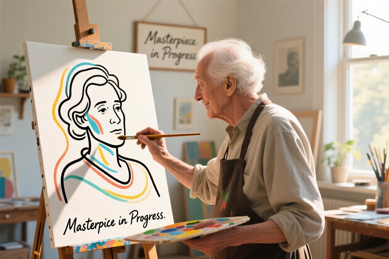 An elderly artist painting a portrait in a sunlit studio.