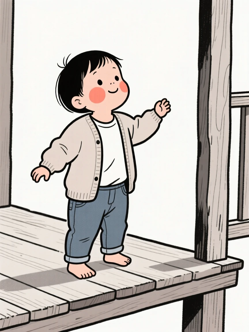 A wobbly toddler of Thai heritage in a soft cardigan and jeans, looking hopeful toward the horizon, on a rustic wooden porch.