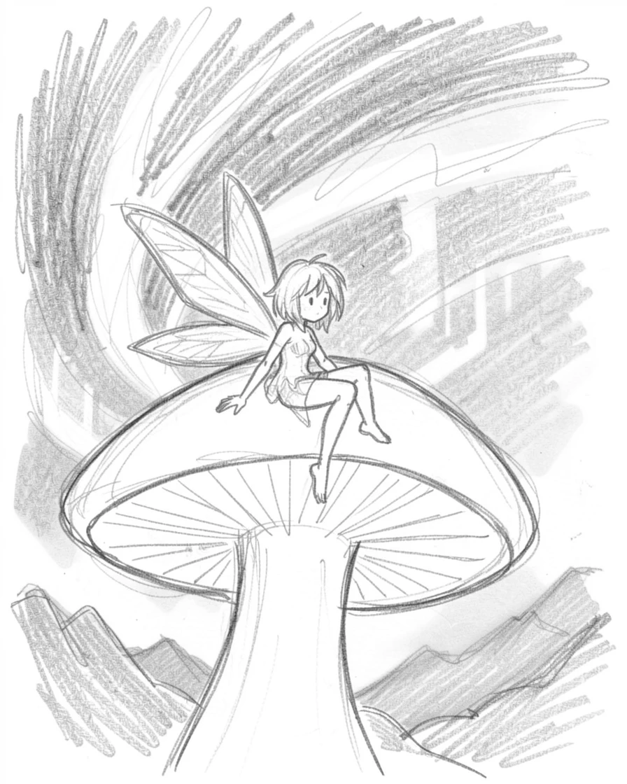 A fairy resting on a giant mushroom, beneath a sky swirling with auroras, with distant mountains glowing violet in the twilight.