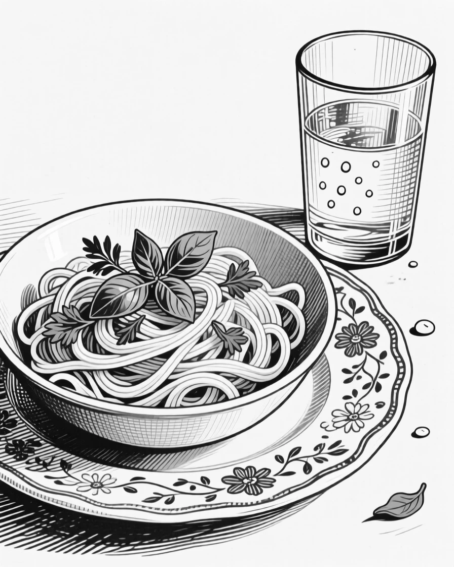 A bowl of fresh pasta with herbs presented on a vintage porcelain plate, with droplets of condensation on a nearby glass, presented in a wholesome and simple culinary still life.