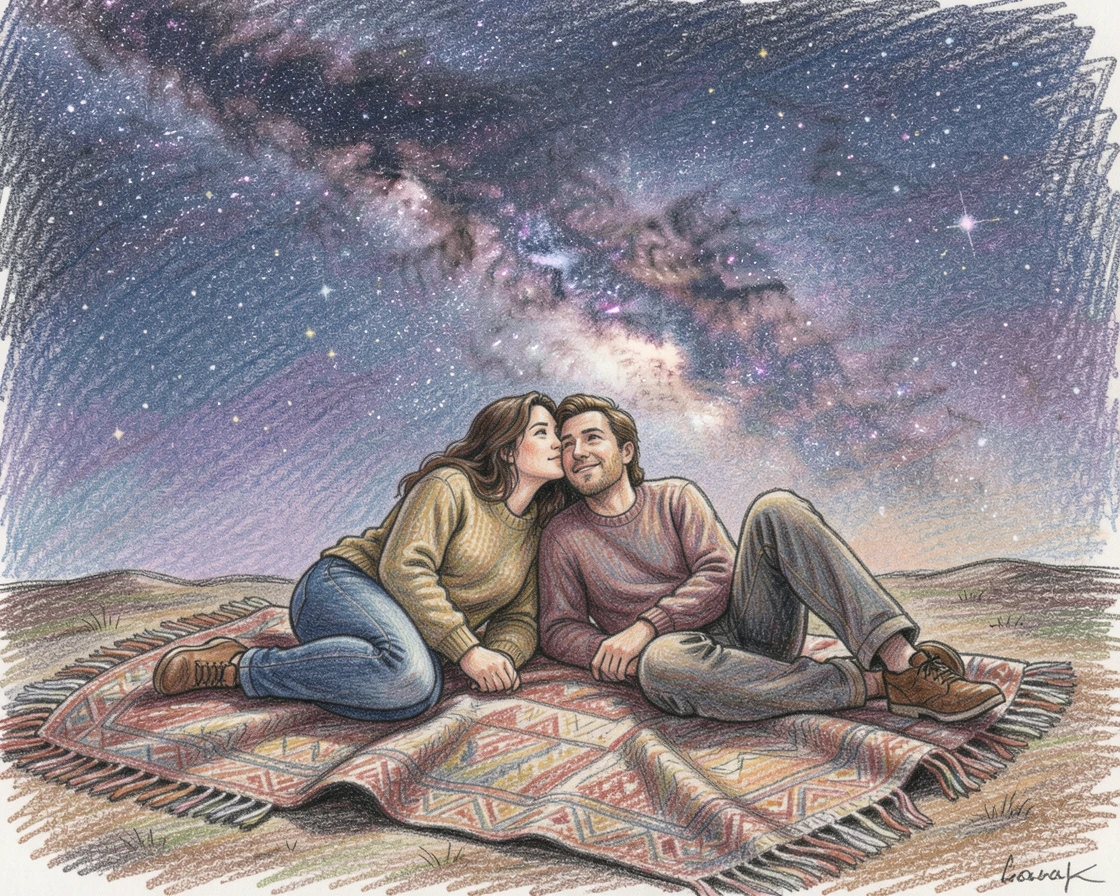 A stargazing couple lying on a blanket beneath the Milky Way, with rich, inviting textures throughout the scene, designed to feel inviting, memorable, and shareable.