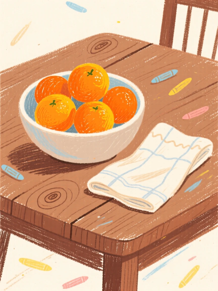A bowl of ripe oranges beside a linen napkin on a wooden table.