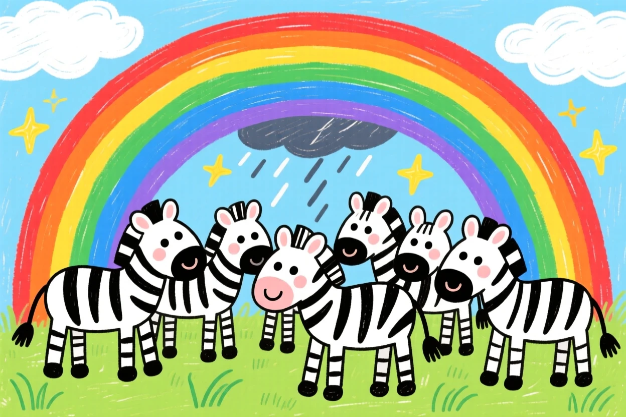 A herd of zebras beneath a rainbow after a storm.