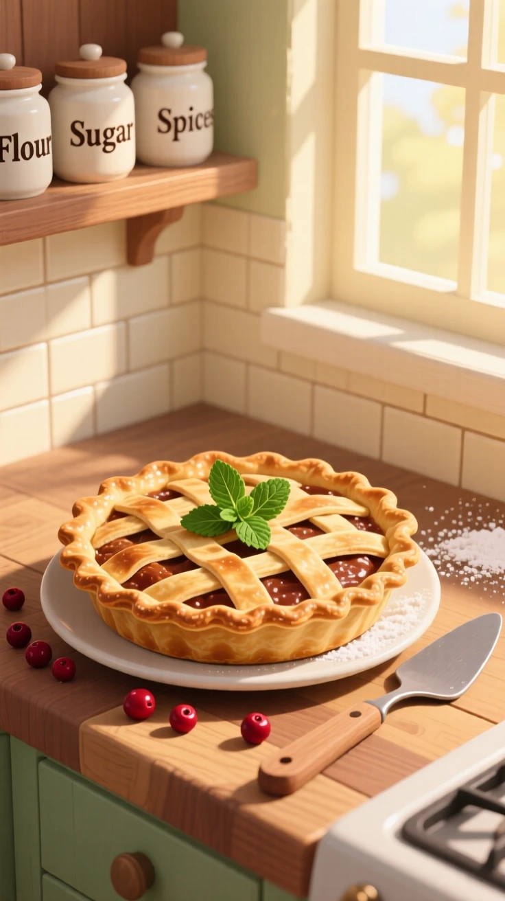 A rustic pie fresh from the oven with a lattice crust, set within a cozy sunlit kitchen, arranged with garnishes placed for visual balance, with a joyful, celebratory feel.