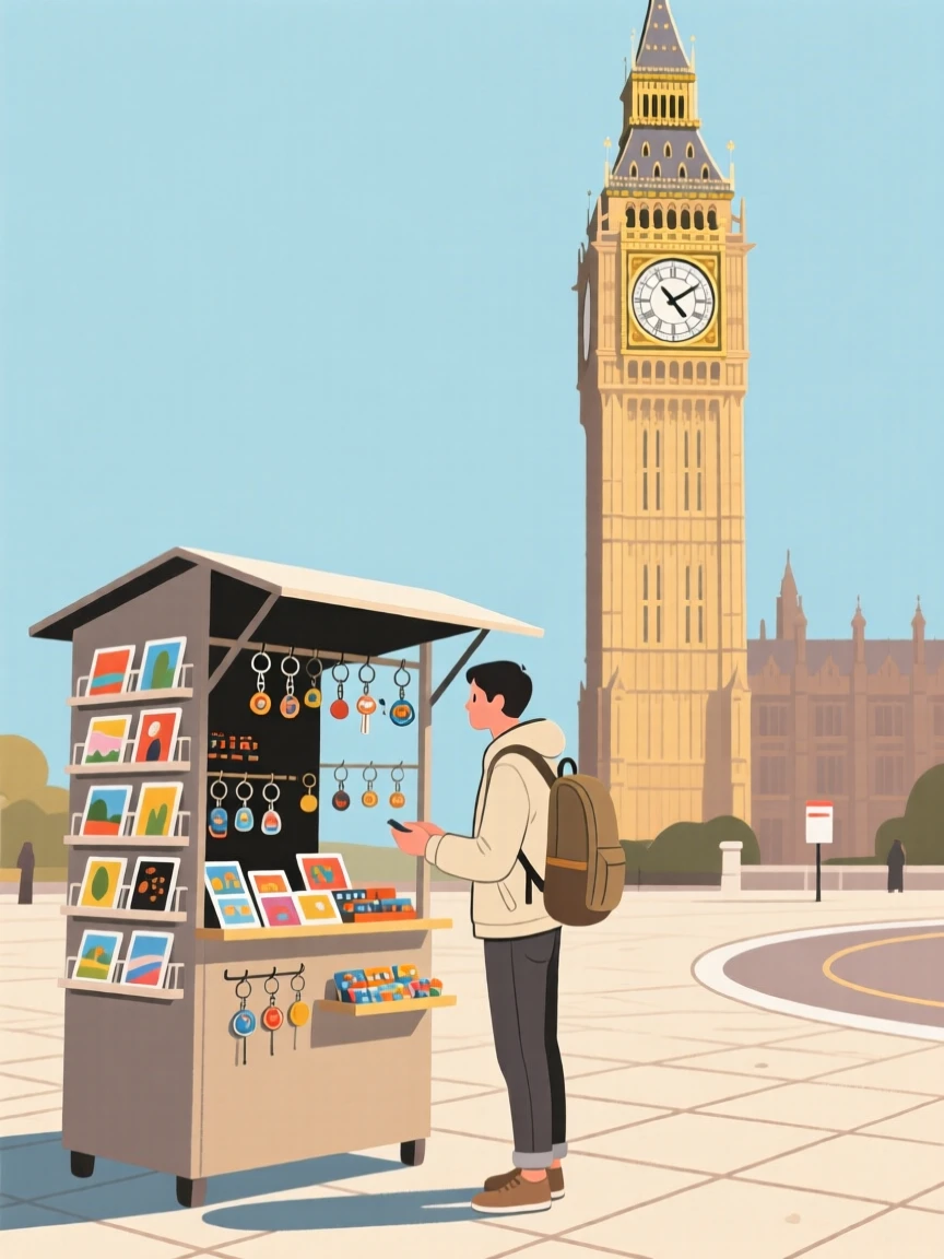 A traveler shopping for souvenirs near a famous clock tower.