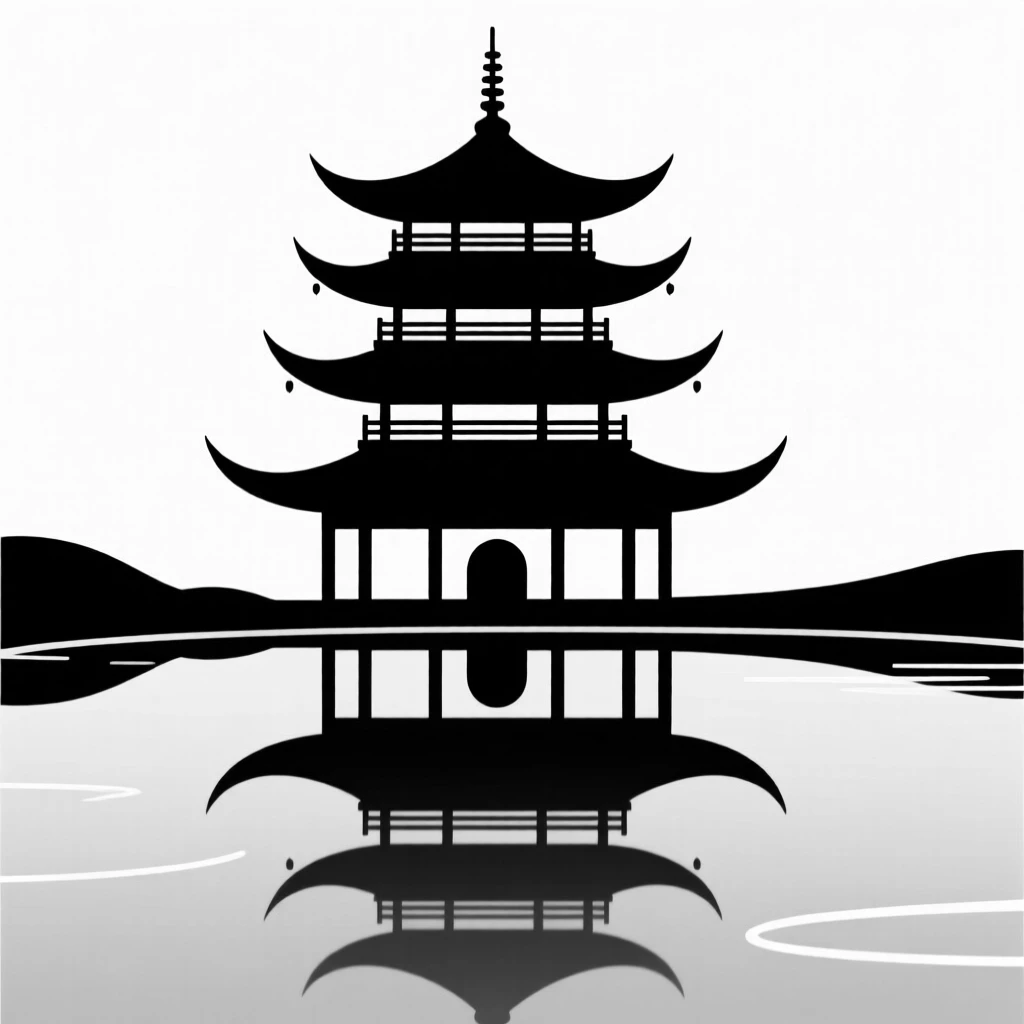 A traditional pagoda reflected in a still pond.