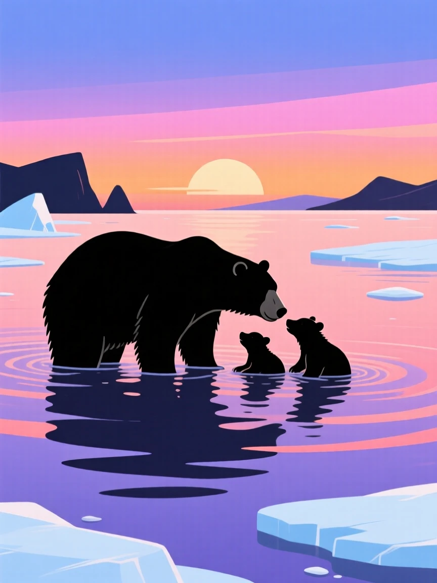 A mother polar bear teaching her cubs to swim in open arctic water.