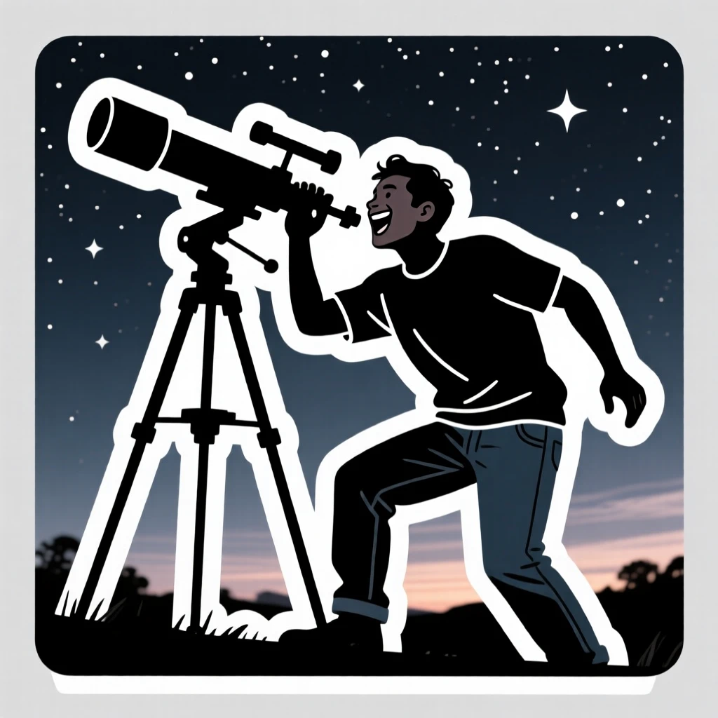 A beaming with excitement astronomer looking through a telescope at night, captured mid-motion during their favorite activity, on a quiet weekend afternoon.