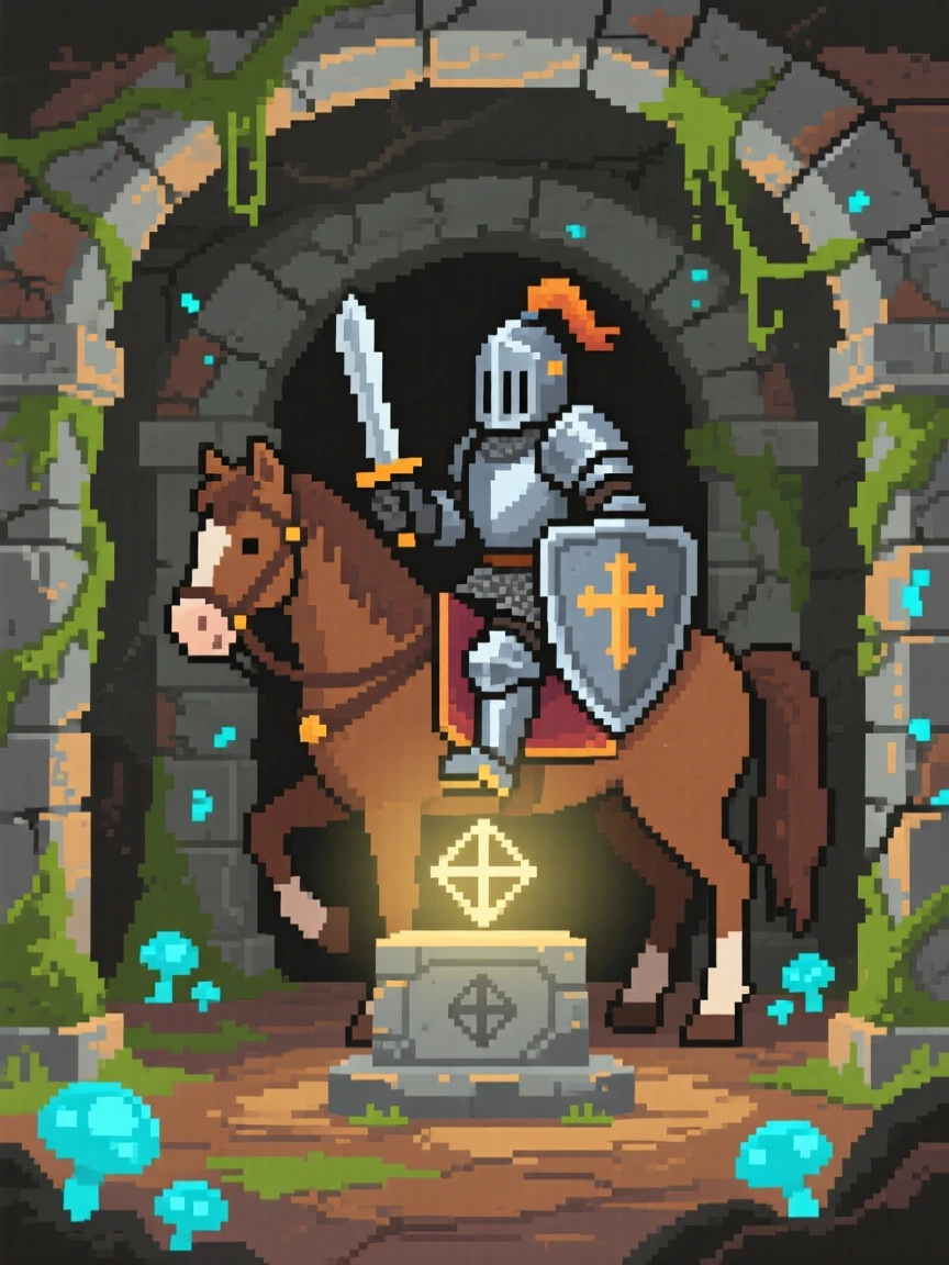 A mounted knight discovering a hidden shrine deep underground, inside an overgrown ancient temple.