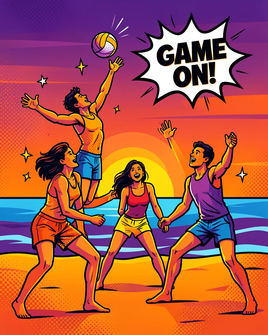 Friends playing beach volleyball at sunset