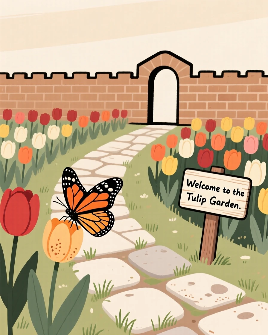A winding path leads through a walled English garden bursting with tulips in neat rows, where a monarch butterfly pauses among the blooms.