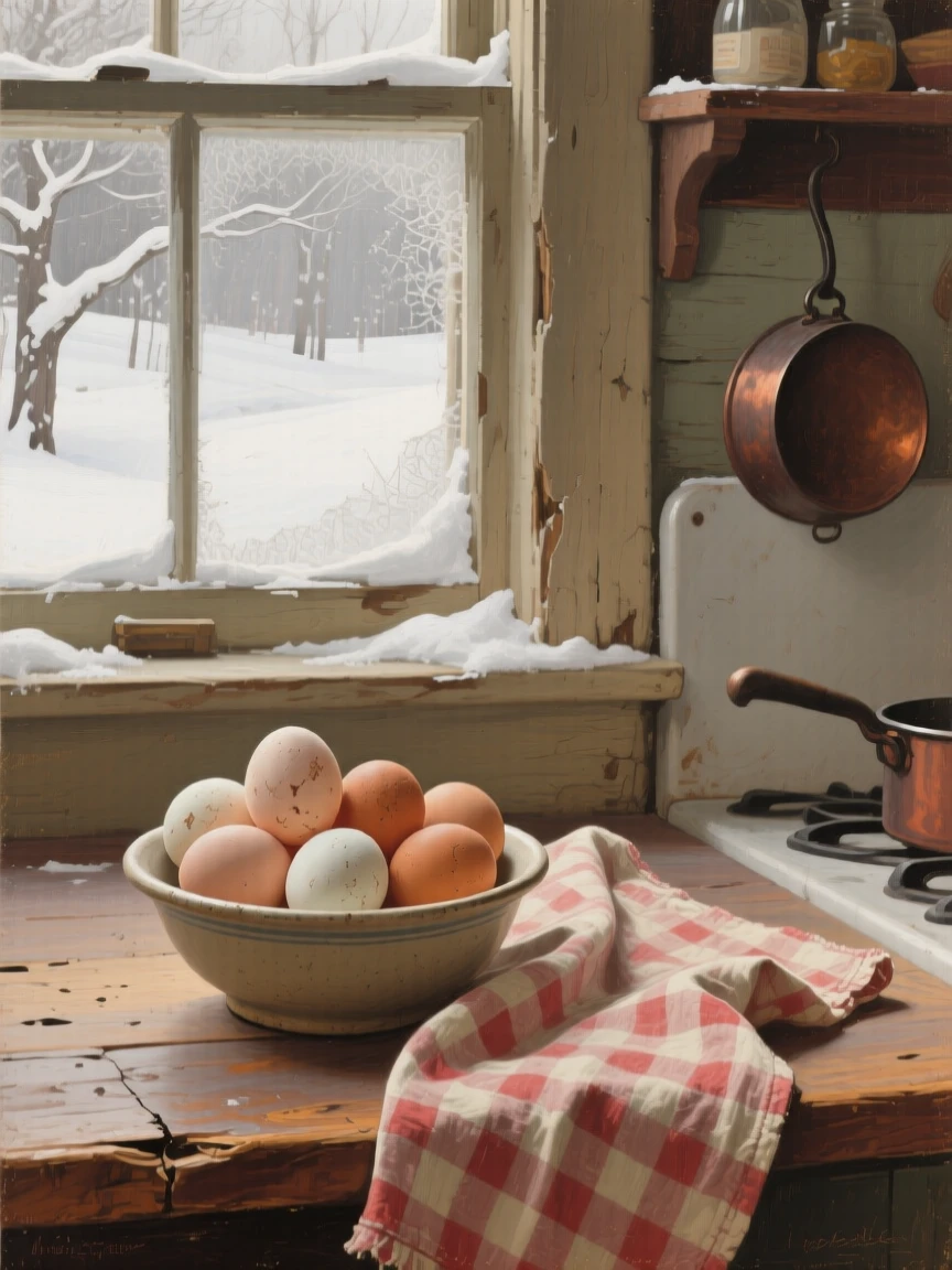 A well-framed scene of a bowl of fresh eggs beside a gingham cloth in a farmhouse kitchen, under a fresh blanket of winter snow, in the 1920s.