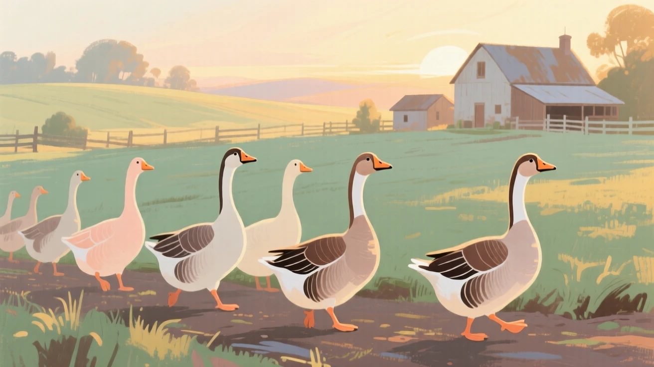 A flock of geese waddling across a farmyard at dawn