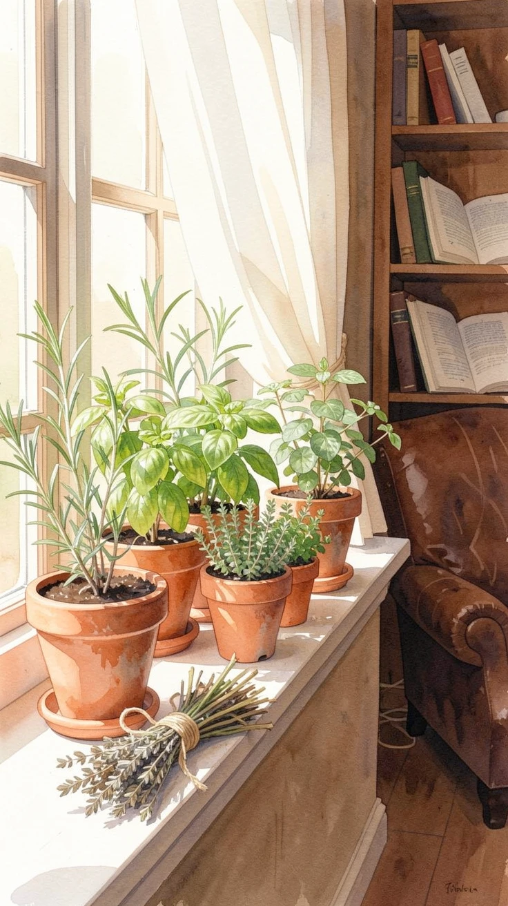 A windowsill lined with potted herbs in the corner of a cozy study tied with a length of twine.