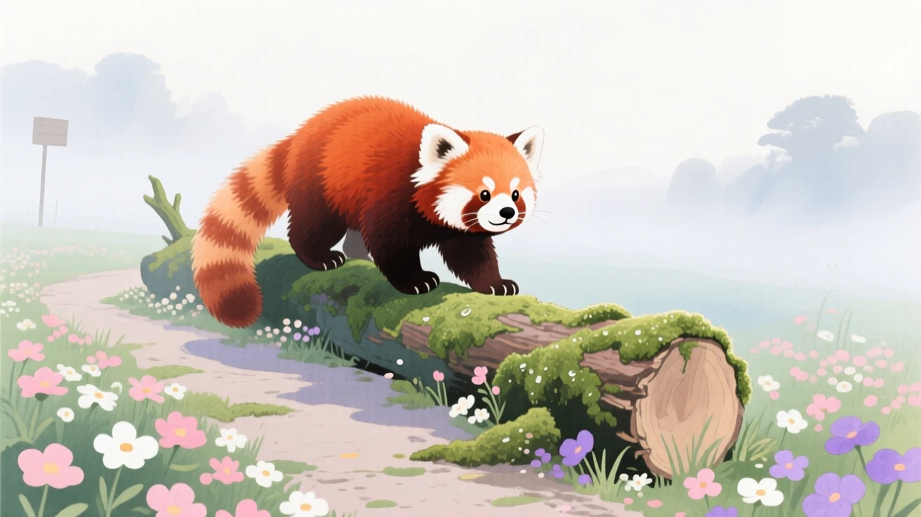 A red panda climbs over a mossy log in a blooming garden path, as morning mist rises in the background