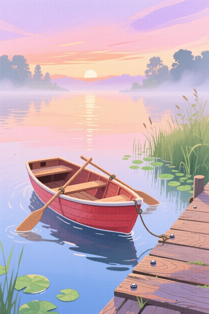 A charming scene of a rowboat tied at a quiet dock at dawn.
