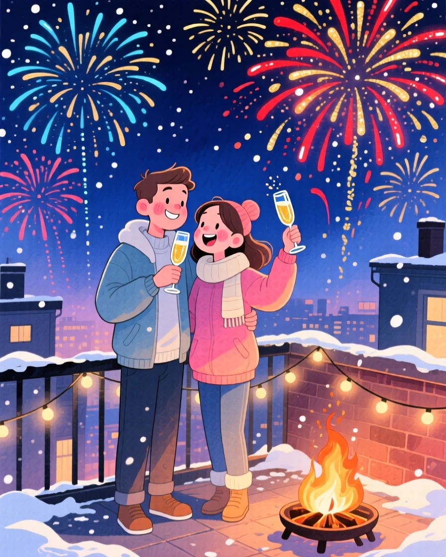A couple toasting champagne at midnight on New Year's Eve, in a rooftop lit by fireworks against the night sky, with the soft crackle of a nearby fire, evoking hopeful excitement for a new beginning.