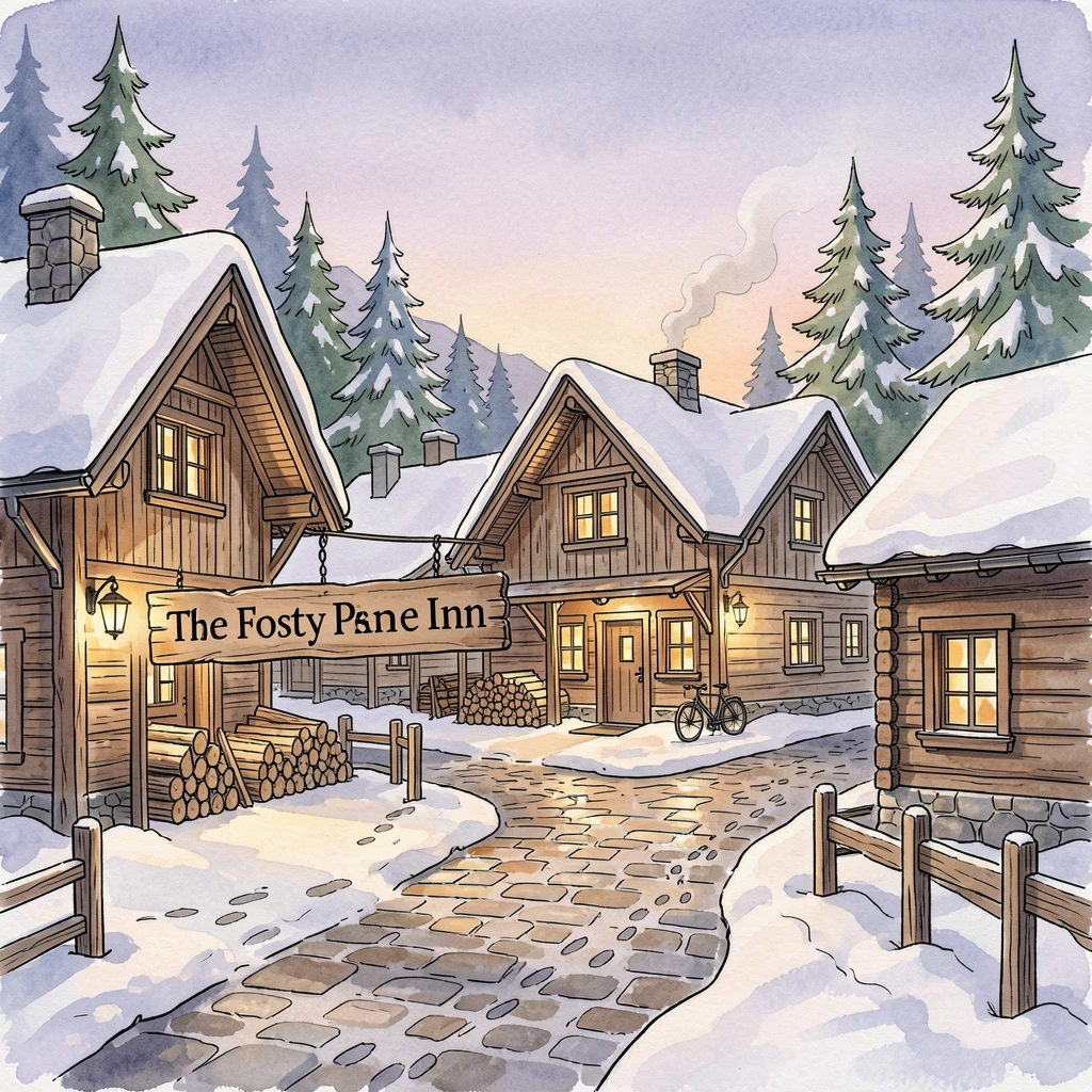 A snow-covered alpine village glowing with warm window light at dusk, small details of daily life scattered throughout the setting.