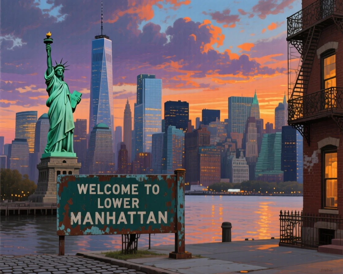 The New York City skyline glittering beneath a dramatic evening sky, with centuries of history visible in every weathered detail, celebrating the architectural wonder and cultural richness of the location