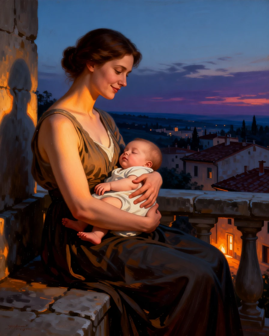 A young mother cradling her sleeping infant by firelight caught between one breath and the next, set on a stone balcony overlooking a quiet town at dusk, with a faint, knowing smile just touching the corner of the mouth; the pose is turned gently off-center for a natural, candid feel, capturing grace under the weight of everyday devotion.