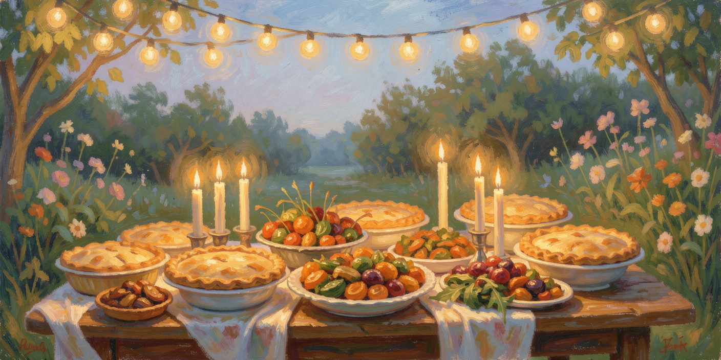 A festive harvest table spread beneath string lights, laden with pies, roasted vegetables, and candles, inspiring awe at the beauty of the scene.