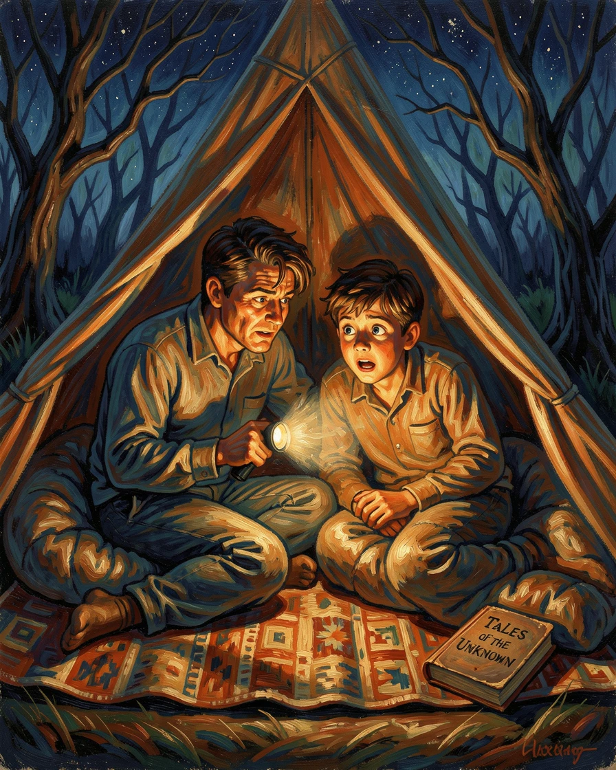 Two brothers sharing a tent and telling ghost stories by flashlight.
